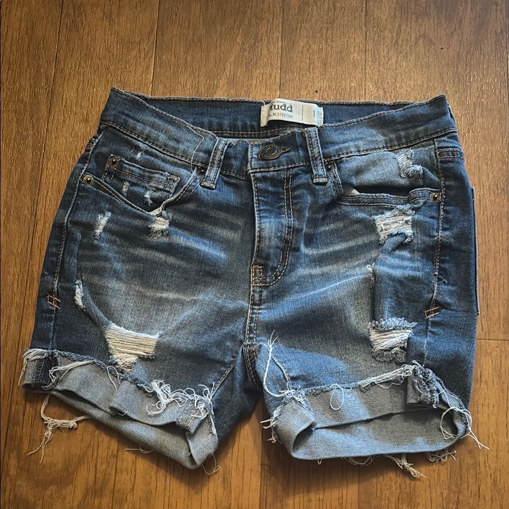 Mudd Blue Distressed Jean Shorts with Frayed Hem
